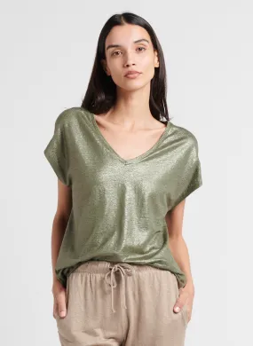 MAJESTIC FILATURES Camiseta holgada con cuello de pico en caqui
